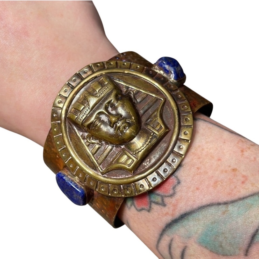 Vintage Artisan Egyptian Revival Solid Chunky Copper Lapis Cuff Bracelet 7”